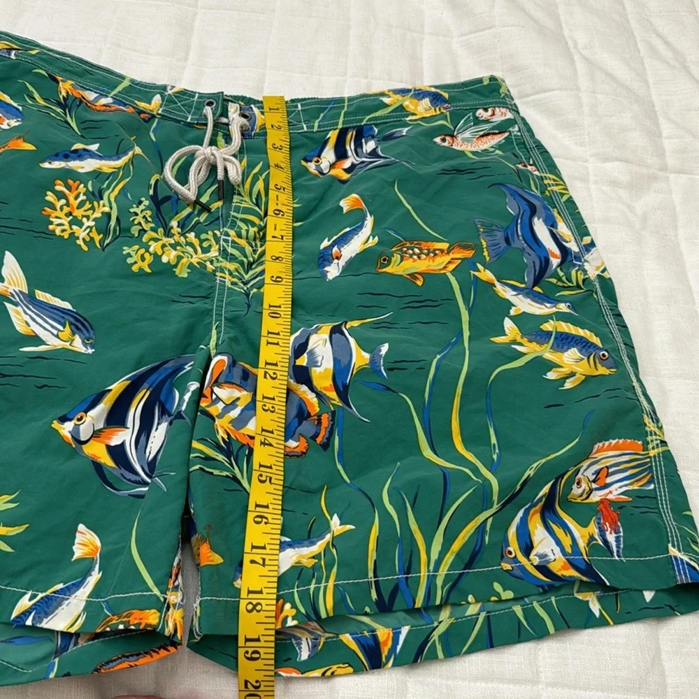 POLO RALPH LAUREN Swim Trunks Mens Sz XL Green Multicolor Fish Print Lined Board